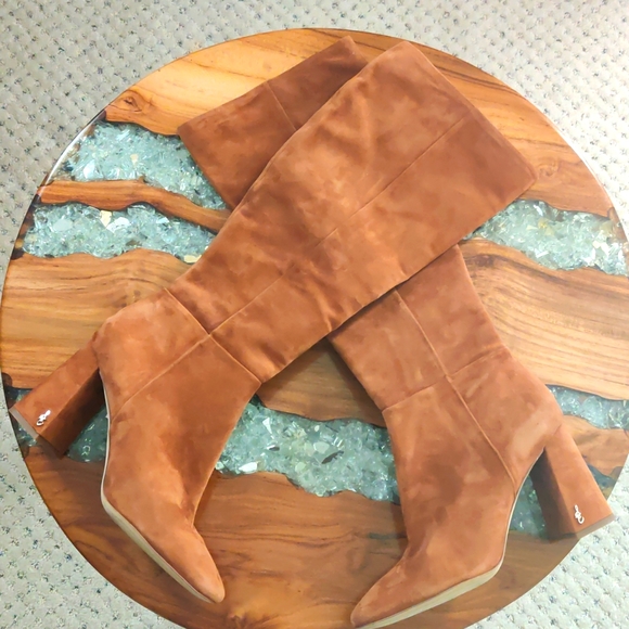 NWT square toe pecan Suede Sam Edelman high heels boots 8.5 - Picture 1 of 8